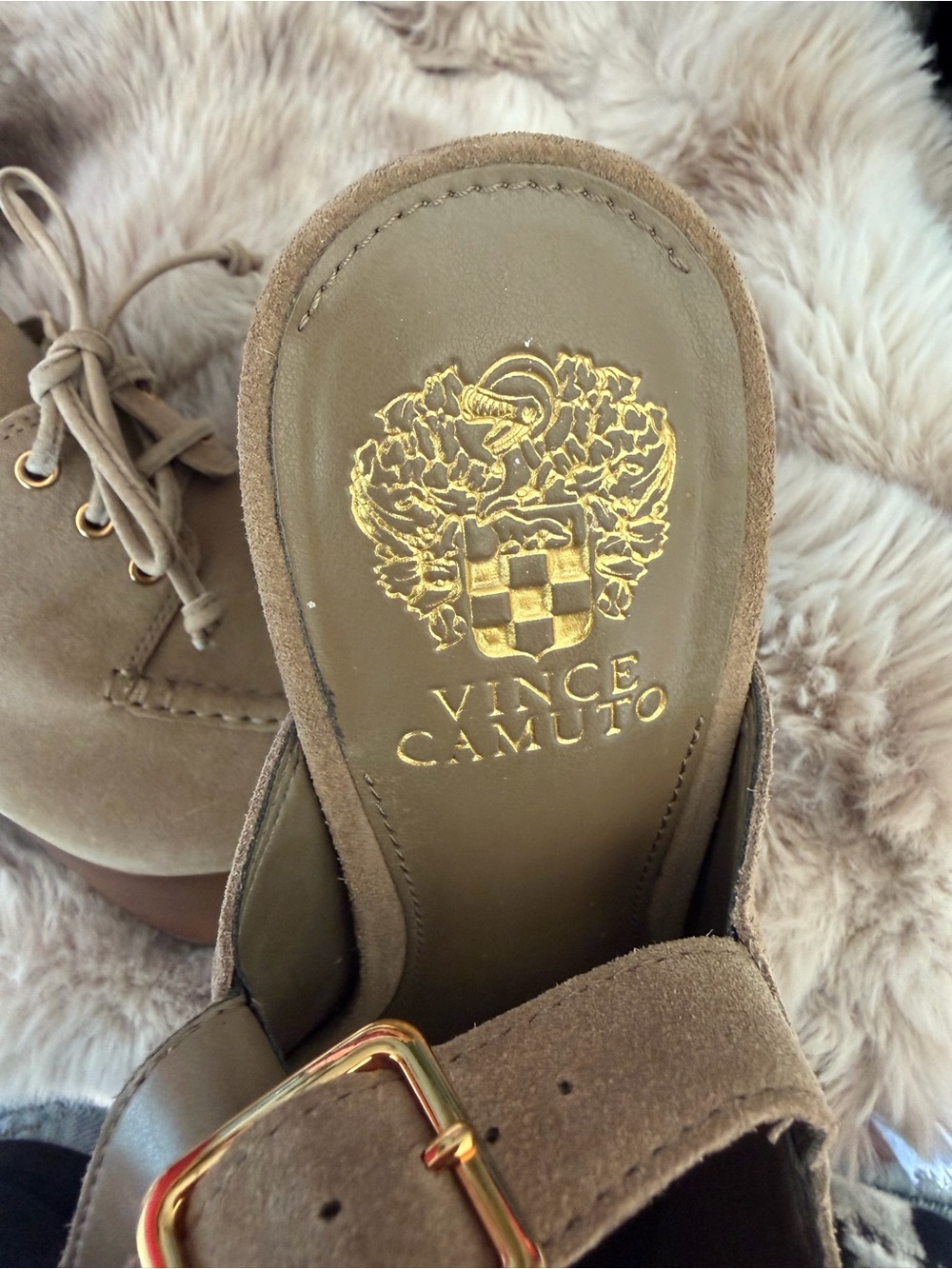 Vince Camuto Taupe Suede Buckle Clog Mule
